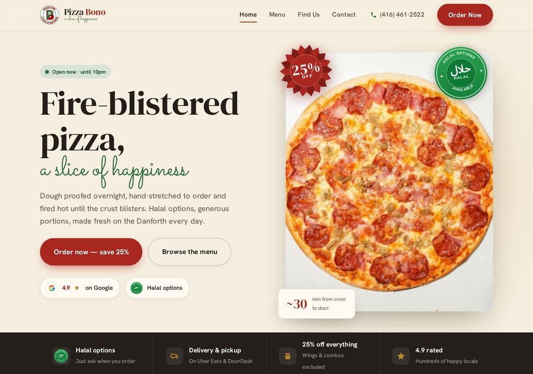 Pizza Bono — halal pizzeria website on the Danforth, Toronto